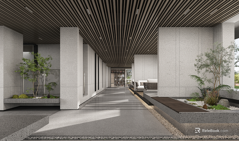 Modern Leisure Area Interior Design With Slatted Wooden Ceiling Stone Walls Sofa Seating And Green Plants 3d model 