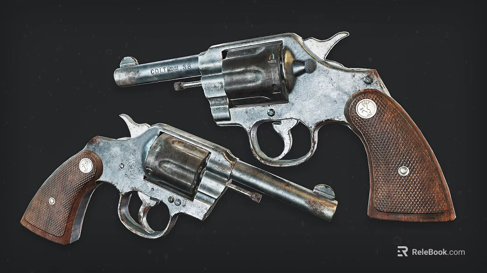 Vintage Revolvers With Classic Metal Components And Wooden Grips Close Up View 3d model 