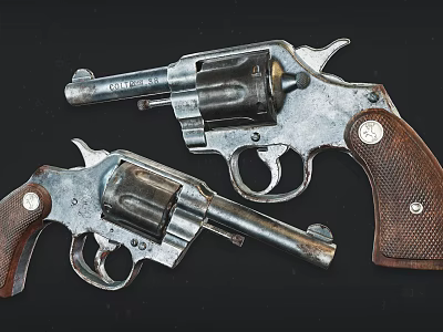 Vintage Revolvers With Classic Metal Components And Wooden Grips Close Up View 3d model