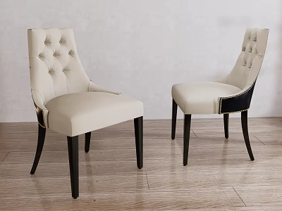 Pair of Beige Tufted Leisure Chairs With Curved Back Design And Black Wooden Legs 3d model