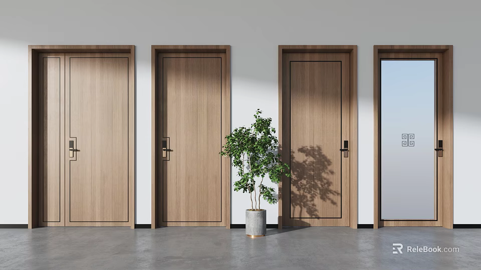 Modern Light Wood Hinged Doors in Interior with Green Plant White Wall and Gray Floor 3d model 