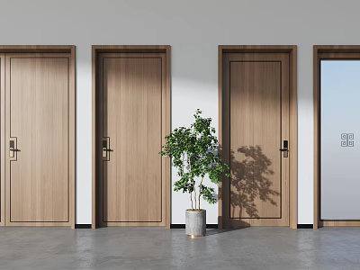 Modern Light Wood Hinged Doors in Interior with Green Plant White Wall and Gray Floor 3d model