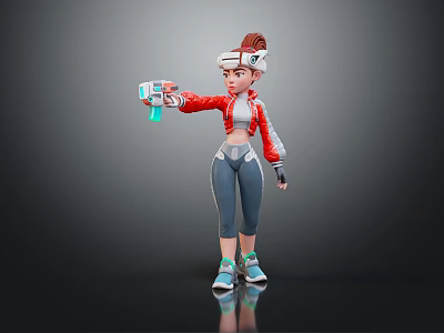 3D Female Character Wearing Red Jacket White Headgear And Holding Blue Glowing Device 3d model