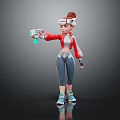 3D Female Character Wearing Red Jacket White Headgear And Holding Blue Glowing Device