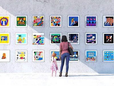 A Woman And Little Girl Viewing Colorful Paintings On Art Gallery Wall 3d model