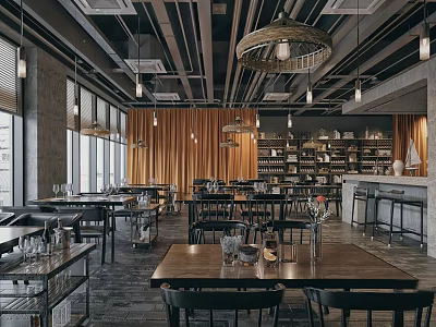 Modern Industrial Bar Interior With Wooden Tables Chandeliers And Wine Shelves 3d model