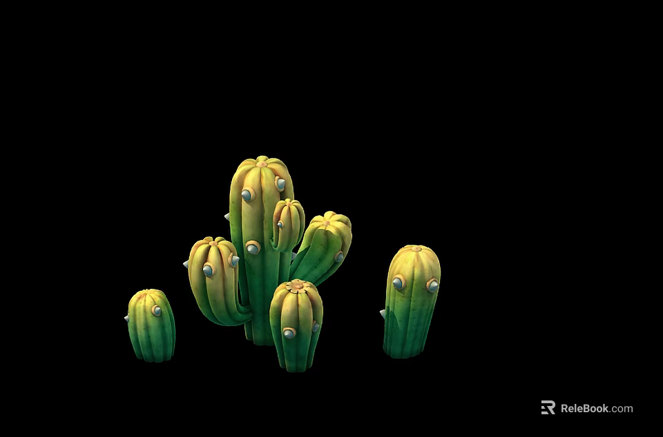 Green Cactus Plants With Multiple Stems And Spines On Black Background 3d model 