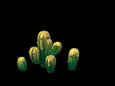 Green Cactus Plants With Multiple Stems And Spines On Black Background 3d model