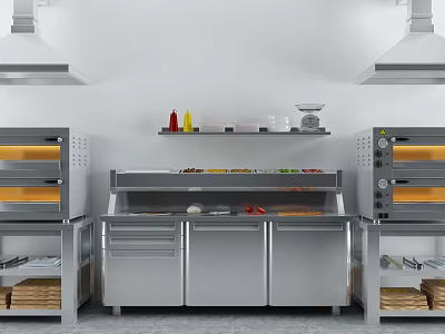 Commercial Kitchen Equipment With Stainless Steel Ovens Workbench Condiments And Flour 3d model