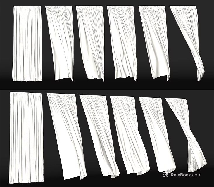 White Curtains With Various Pleated Designs And Different Hanging Styles 3d model