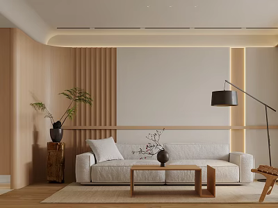 Modern Living And Dining Room Design With Beige Sofa Coffee Table Dining Chairs And Plants 3d model