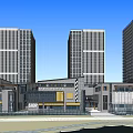 Modern Commercial Street With High Rise Buildings Low Rise Shops And Pedestrian Plaza