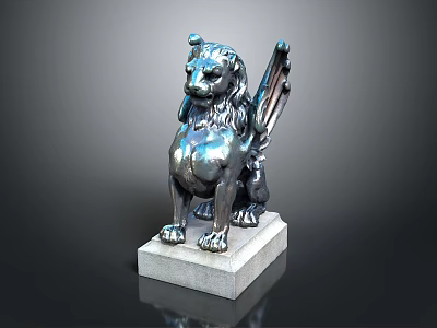 Silver Winged Lion Statue Standing On Square Stone Pedestal 3d model