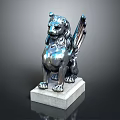 Silver Winged Lion Statue Standing On Square Stone Pedestal