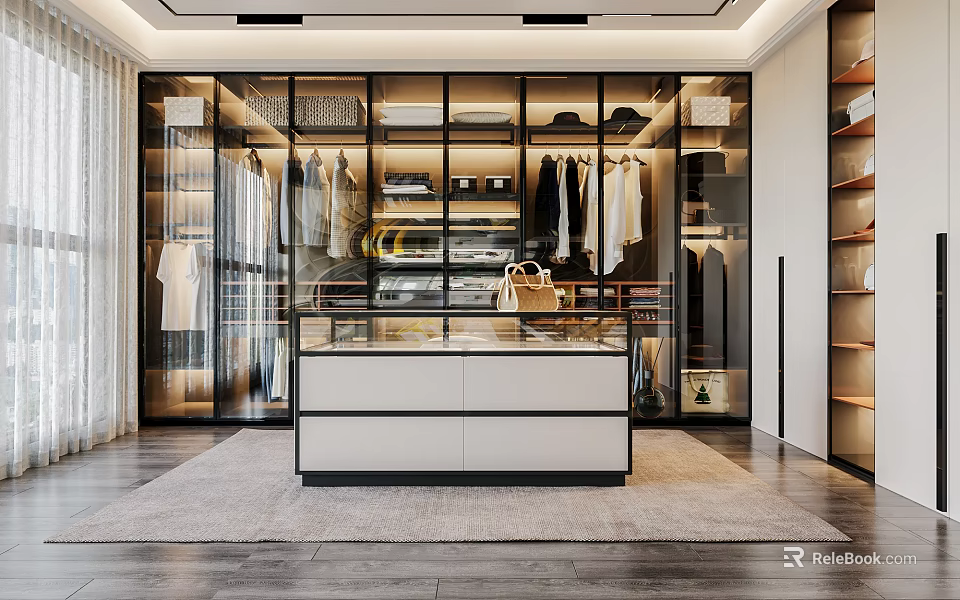 Modern Walk in Closet Interior Design With Glass Doors Storage Cabinets And Hanging Clothes 3d model 