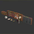 Reddish Brown Wooden Furniture Collection With Bookshelf Drawer Cabinet And Small Accessories