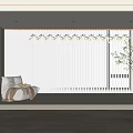White Vertical Striped Curtains In Modern Interior With Bench Vase And Green Plants