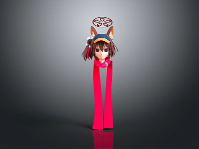 Stylized Anime Game Character With Fox Ear Hat Brown Hair And Red Scarf 3d model