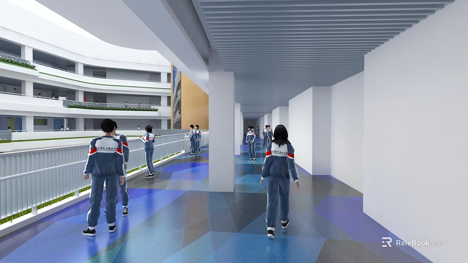 Modern Elevator Hallway With Blue Geometric Floor White Walls And Students 3d model