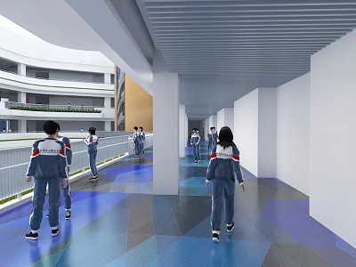Modern Elevator Hallway With Blue Geometric Floor White Walls And Students 3d model