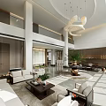 Spacious Double Height Living Room With Large Chandelier Wooden Accents Green Plant And Sofa Area