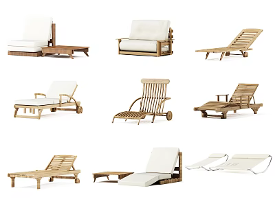 Stylish Lounge Chairs With Wooden Frames And White Cushions In Various Designs 3d model