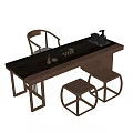 Modern Chinese Solid Wood Tea Table and Chairs with Tea Set and Stools 3d model