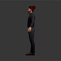 Man With Red Hair Beard In Dark Shirt Pants Arms Outstretched Against Gray Background
