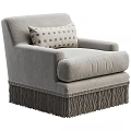 Single Sofa With Gray Fabric Upholstery Comfortable Cushion And Fringe Detail