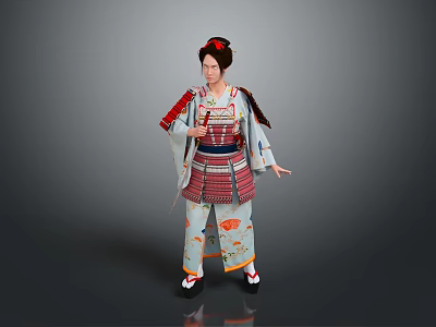 Woman Wearing Traditional Japanese Kimono with Intricate Patterns Decorative Obi and Traditional Hairstyle 3d model