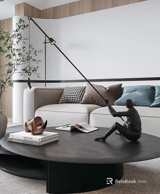Elegant Modern Coffee Table With Sculpture Books Open Magazine And Sofa Pillows 3d model 