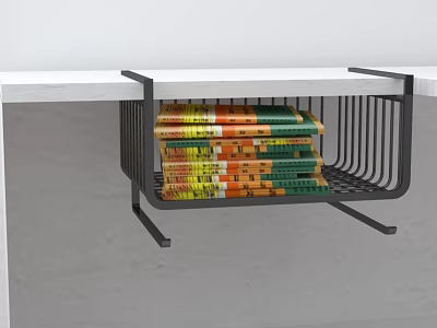 Under Table Black Storage Shelf with Stacked Colorful Books Mounted On White Desk 3d model