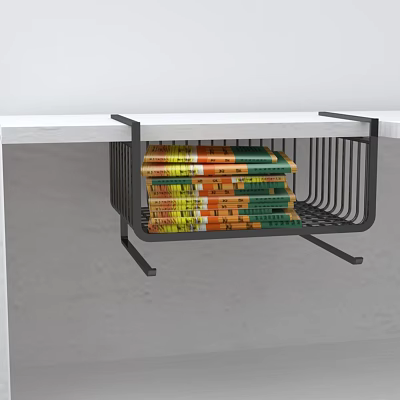 Under Table Black Storage Shelf with Stacked Colorful Books Mounted On White Desk 3d model