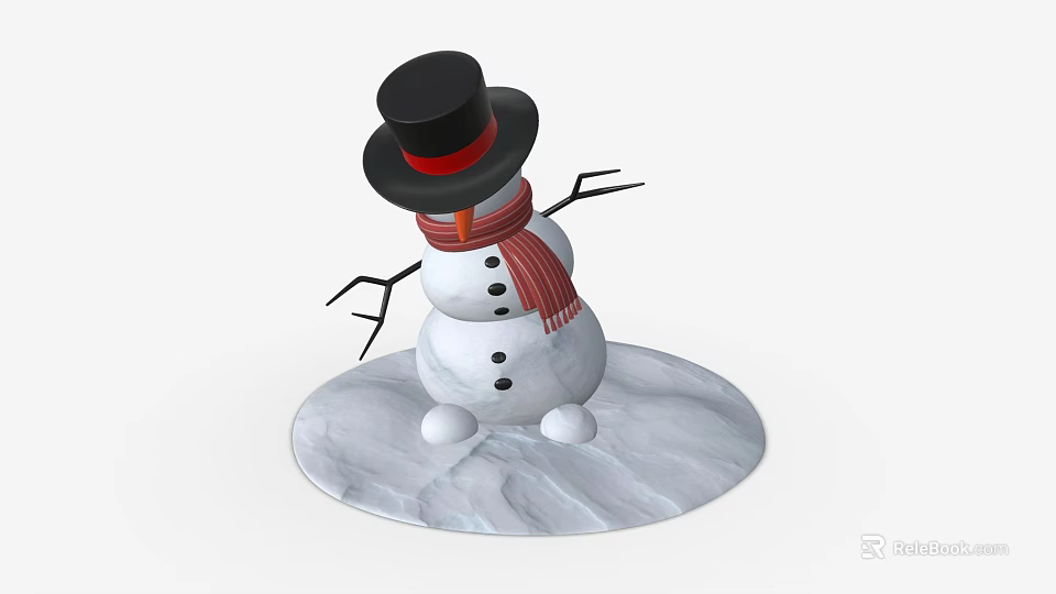 Cute Snowman With Black Top Hat Red Scarf And Stick Arms On Snow Base 3d model 