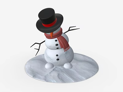 Cute Snowman With Black Top Hat Red Scarf And Stick Arms On Snow Base 3d model