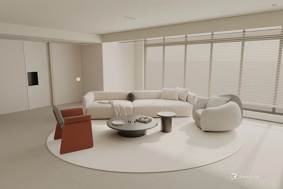 Modern Minimalist Cream Tone Living Room With Curved Sofa Cozy Armchairs And Large Window Blinds 3d model 