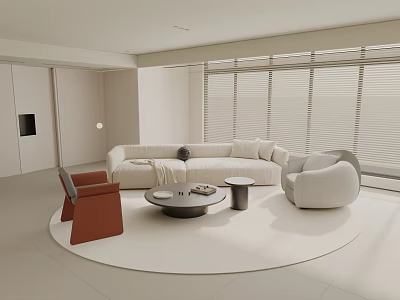 Modern Minimalist Cream Tone Living Room With Curved Sofa Cozy Armchairs And Large Window Blinds 3d model