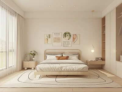 Minimalist Modern Bedroom Interior With Wooden Bed Decorative Artworks White Curtains And Round Rug 3d model