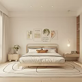 Minimalist Modern Bedroom Interior With Wooden Bed Decorative Artworks White Curtains And Round Rug