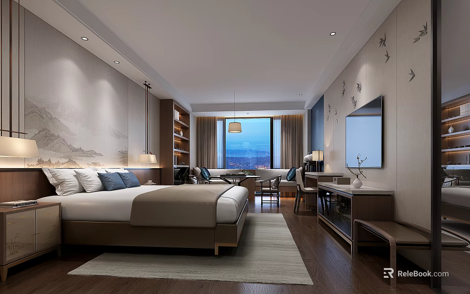 Hotel Guest Room Interior With King Bed Bird Pattern Wall Large Windows City View 3d model