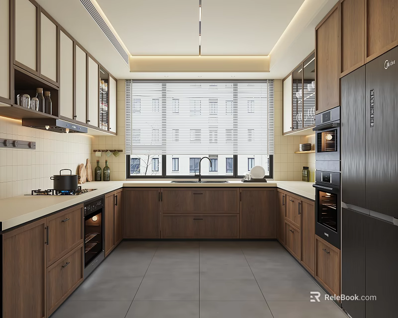 Modern Kitchen Interior Design With Wooden Cabinets White Countertops Dark Flooring And Stainless Steel Appliances 3d model 