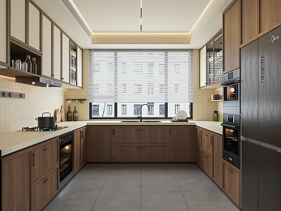 Modern Kitchen Interior Design With Wooden Cabinets White Countertops Dark Flooring And Stainless Steel Appliances 3d model