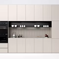 Modern Sideboard Featuring White Cabinet Doors Open Shelves Cup Storage And Black Appliance