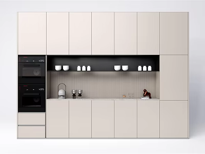 Modern Sideboard Featuring White Cabinet Doors Open Shelves Cup Storage And Black Appliance 3d model