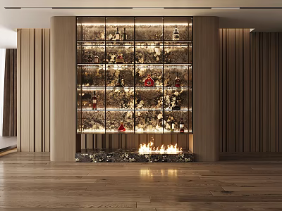 Modern Interior Wine Cabinet With Wooden Frame Glass Doors And Decorative Wine Bottles 3d model