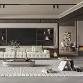 Modern Living and Dining Area Interior with Sofa TV Wall Bookshelves Coffee Table and Rug