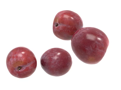 Four Fresh Red Ripe Plums With Shiny Skin And Juicy Flesh On White Background 3d model