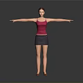 Woman in Red Tank Top and Black Skirt with Arms Outstretched Against Gray Background
