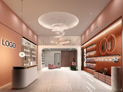 Elegant Modern Shop Front Desk Interior With Pink Walls And Wooden Display Cabinets 3d model