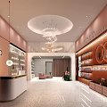 Elegant Modern Shop Front Desk Interior With Pink Walls And Wooden Display Cabinets